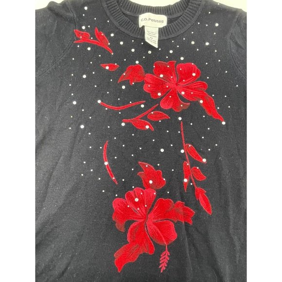 C. D. Petites Women's 3/4 Sleeve Black Rhinestone Roses Knit Sweater Size PS - Picture 7 of 11